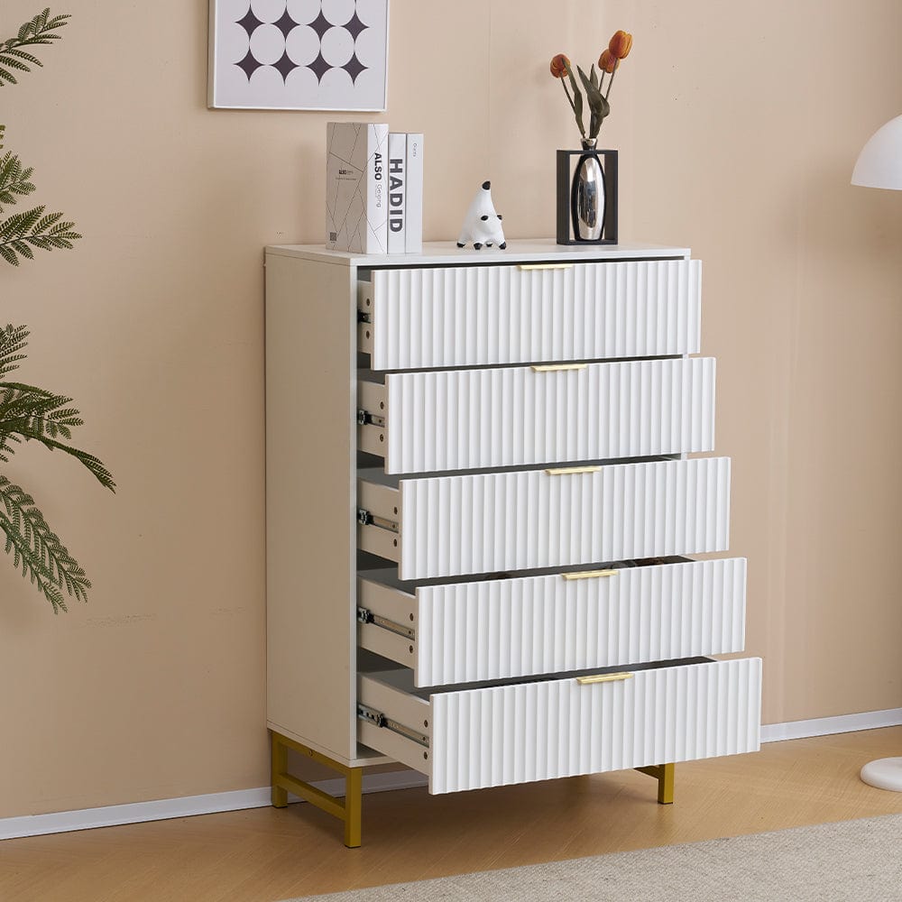 Mercury Ridged 5 Drawers Chset Storage Cabinet In White