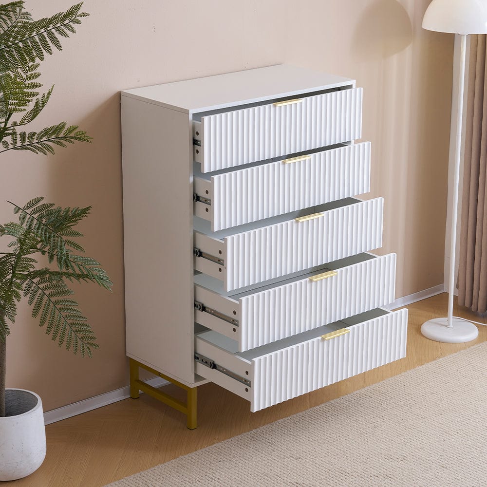 Mercury Ridged 5 Drawers Chset Storage Cabinet In White