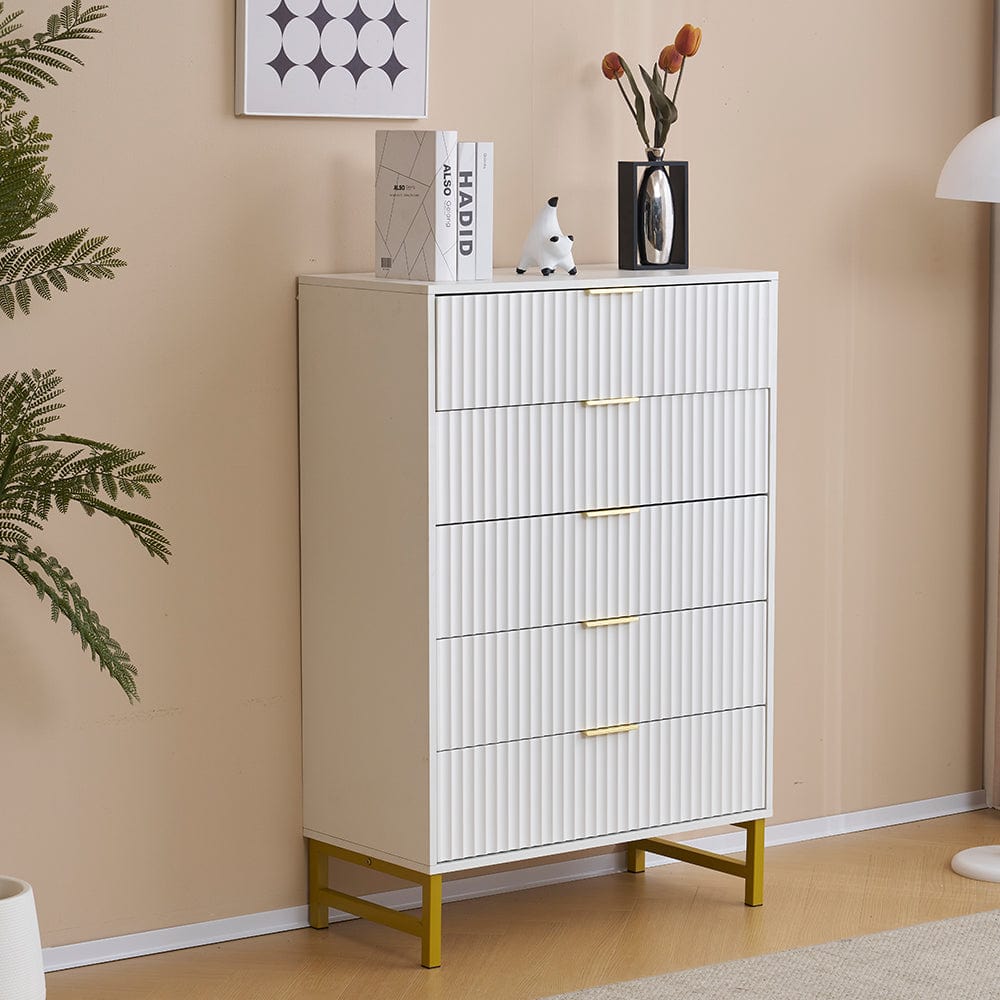 Mercury Ridged 5 Drawers Chset Storage Cabinet In White