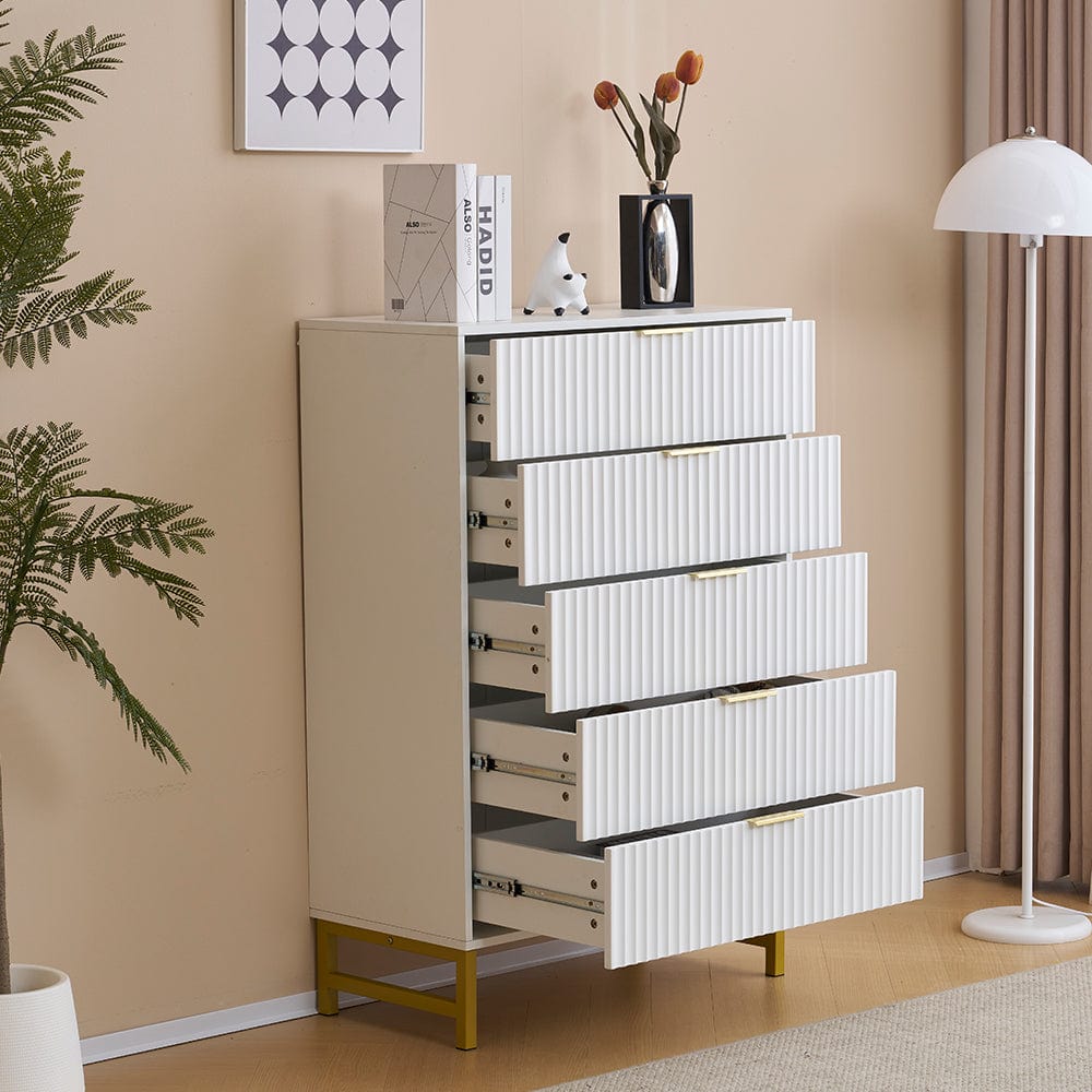 Mercury Ridged 5 Drawers Chset Storage Cabinet In White