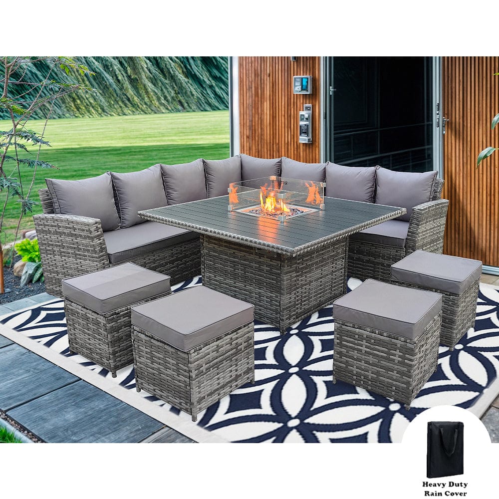 Rosen 11 Seater Rattan Garden Furniture Fire Pit Dining Corner Sofa Cube Set