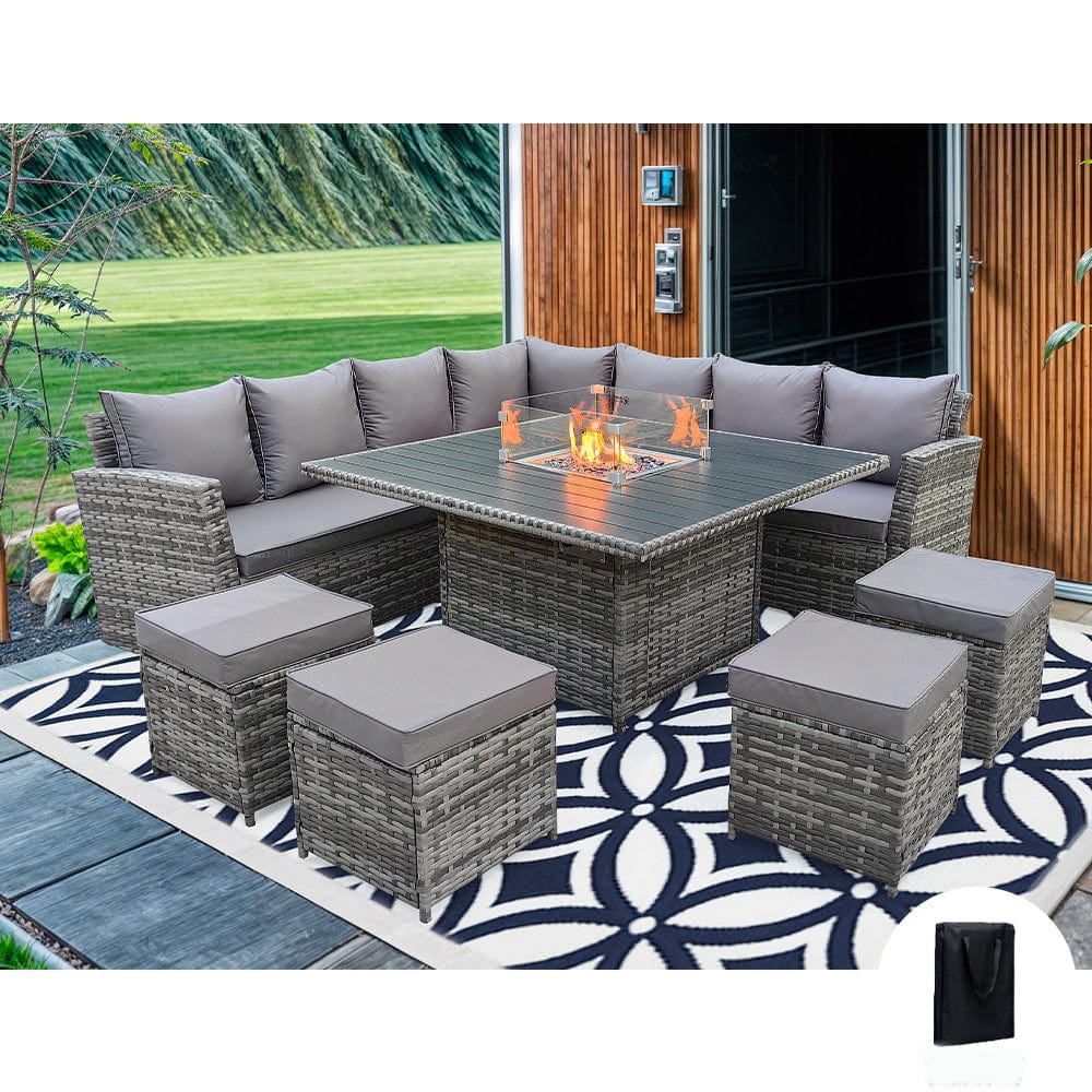 Rosen 11 Seater Rattan Garden Furniture Fire Pit Dining Corner Sofa Cube Set