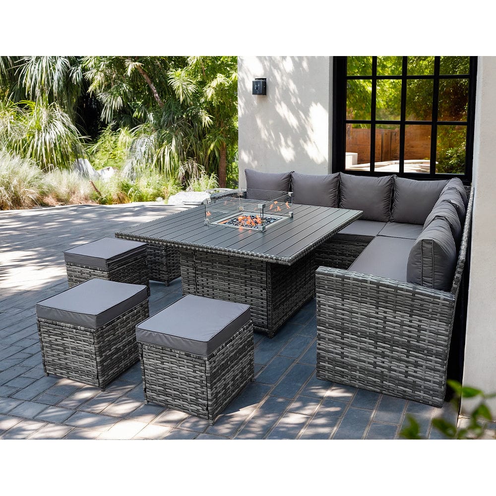 Rosen 11 Seater Rattan Garden Furniture Fire Pit Dining Corner Sofa Cube Set