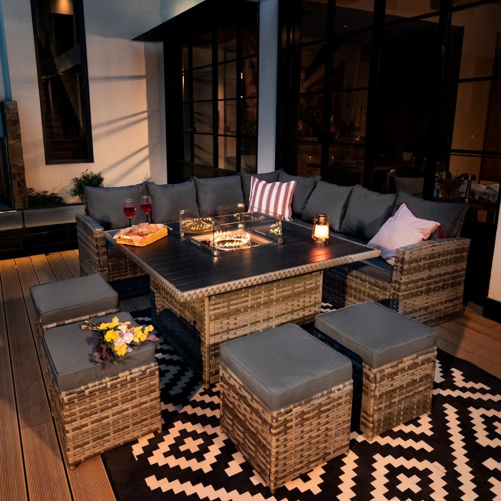 Rosen 11 Seater Rattan Garden Furniture Fire Pit Dining Corner Sofa Cube Set