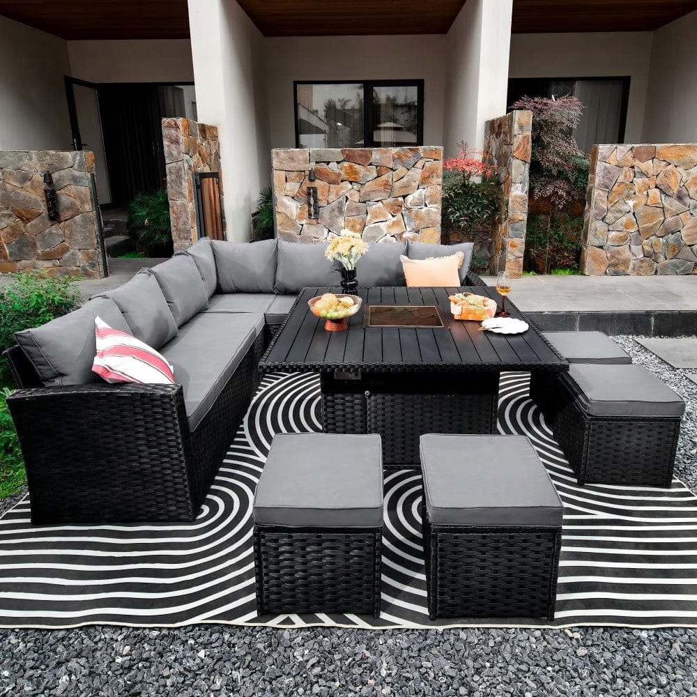 Rosen 11 Seater Rattan Garden Furniture Fire Pit Dining Corner Sofa Cube Set