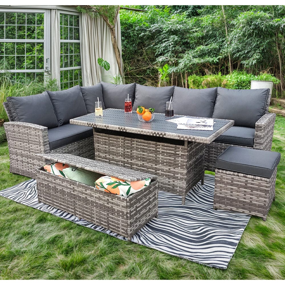 Rosen 9 Seater Rattan Garden Dining Set With Storage Bench And Stool