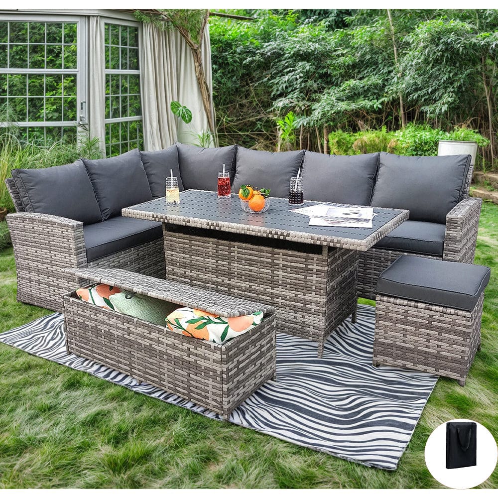Rosen 9 Seater Rattan Garden Dining Set With Storage Bench And Stool