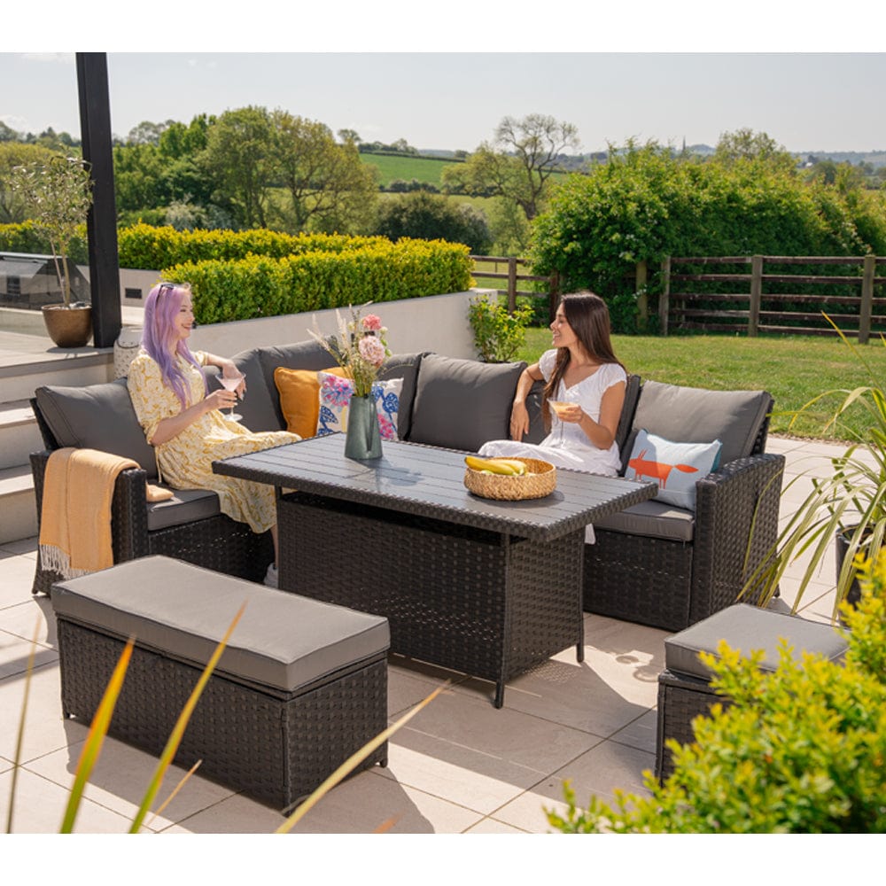 Rosen 9 Seater Rattan Garden Dining Set With Storage Bench And Stool