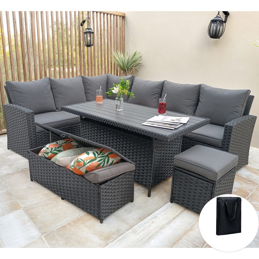 Rosen 9 Seater Rattan Garden Dining Set With Storage Bench And Stool