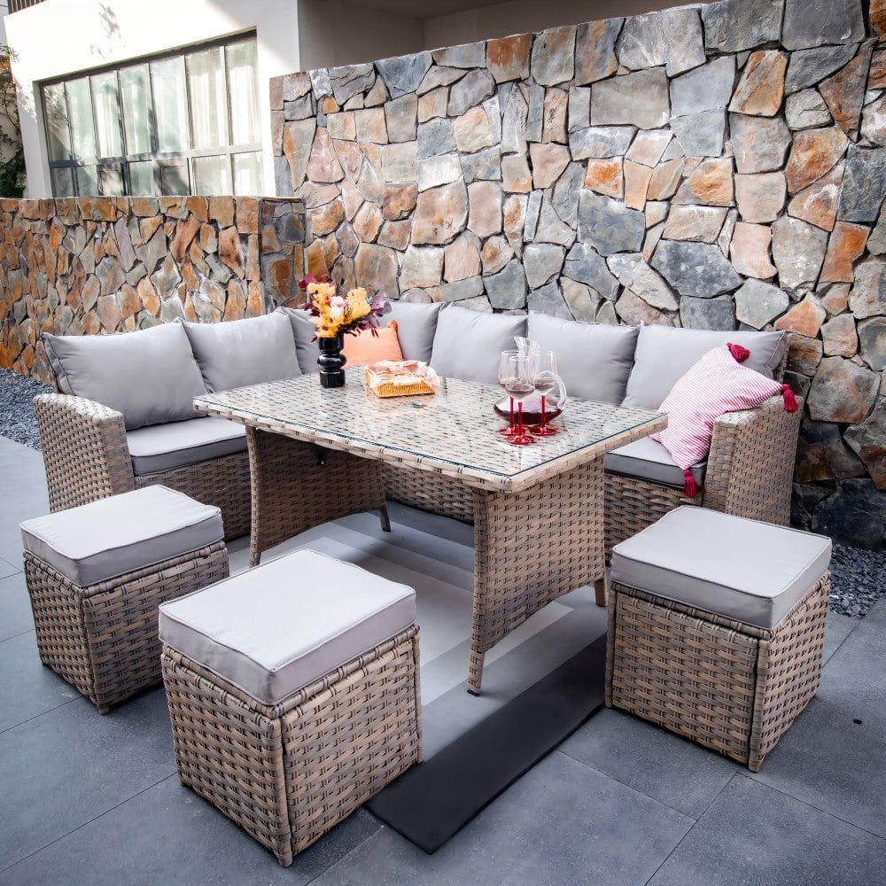 Rosen 9 Seater Rattan Corner Sofa Dining Table With Parasol Hole Set Nature