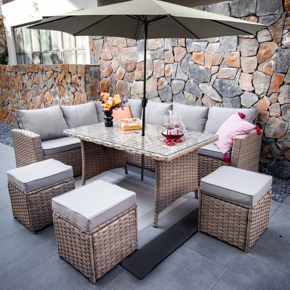 Rosen 9 Seater Rattan Corner Sofa Dining Table With Parasol Hole Set Nature