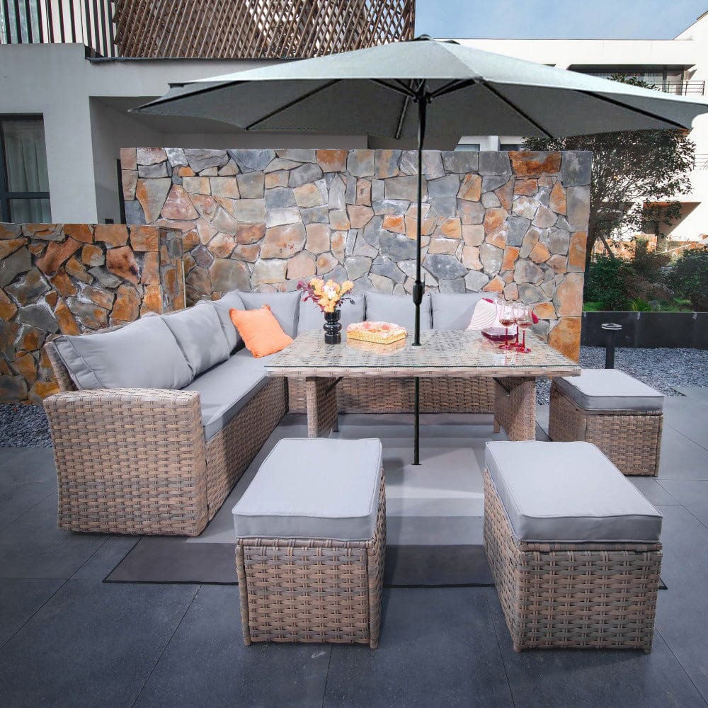 Rosen 9 Seater Rattan Corner Sofa Dining Table With Parasol Hole Set Nature