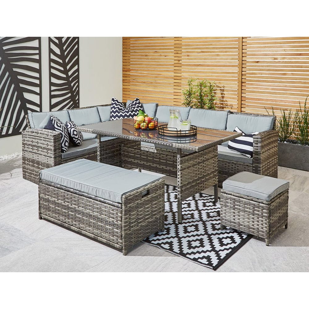 Rosen 9 Seater Rattan Garden Dining Set With Storage Bench In Grey