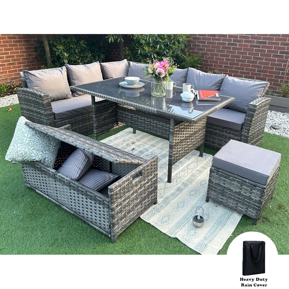 Rosen 9 Seater Rattan Garden Dining Set With Storage Bench In Grey