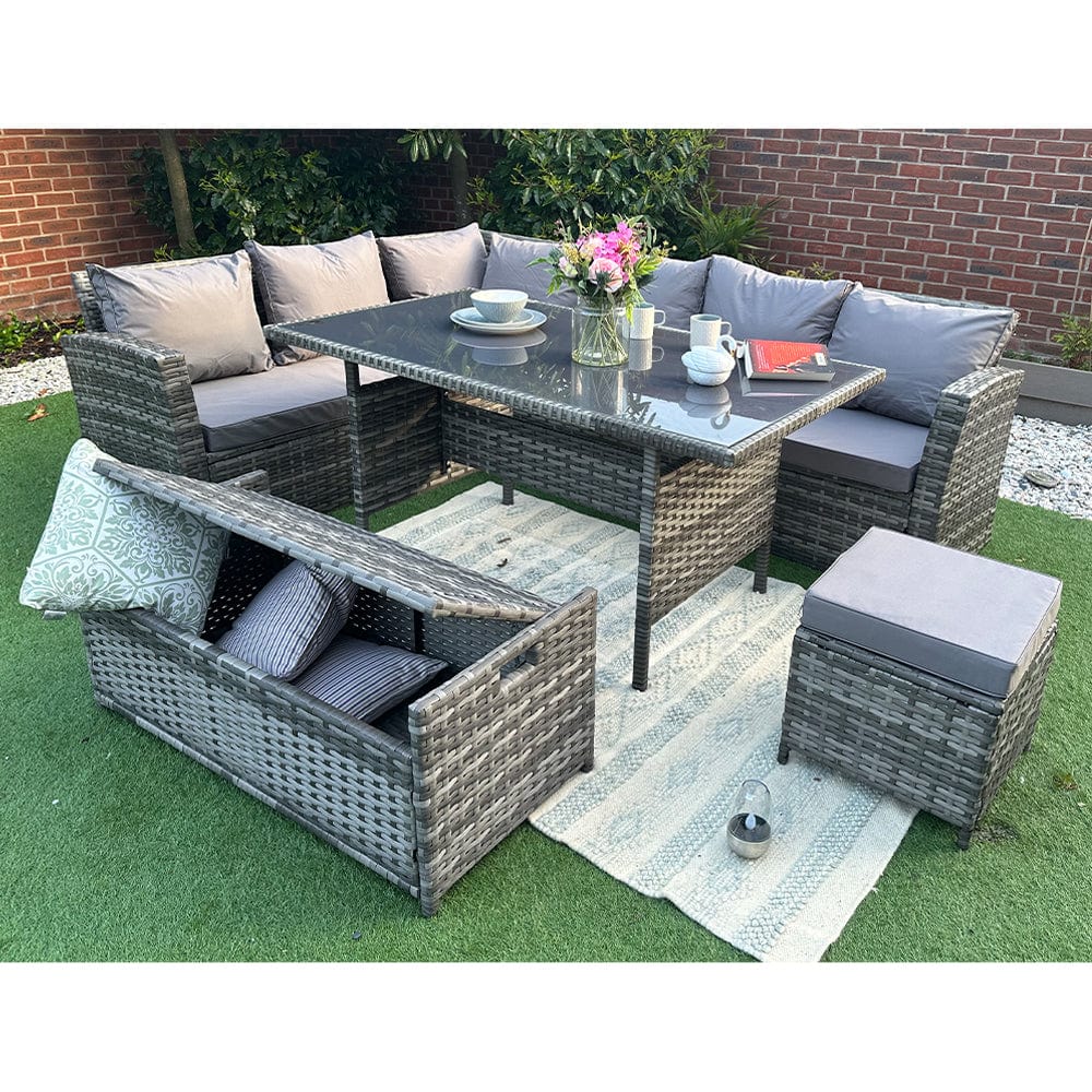 Rosen 9 Seater Rattan Garden Dining Set With Storage Bench In Grey
