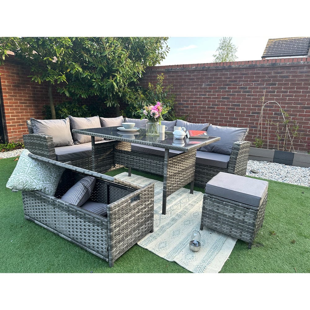 Rosen 9 Seater Rattan Garden Dining Set With Storage Bench In Grey