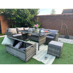 Rosen 9 Seater Rattan Garden Dining Set With Storage Bench In Grey