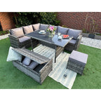 Rosen 9 Seater Rattan Garden Dining Set With Storage Bench In Grey