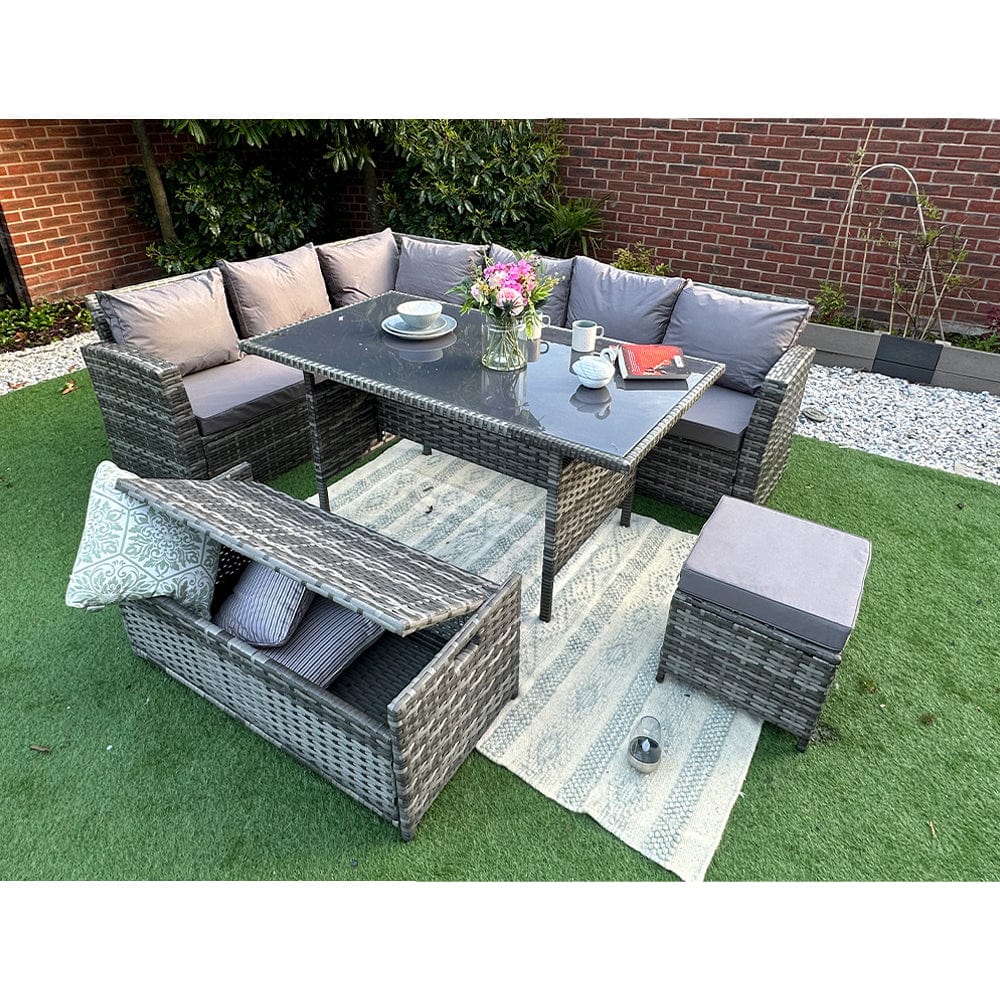 Rosen 9 Seater Rattan Garden Dining Set With Storage Bench In Grey