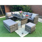 Rosen 9 Seater Rattan Garden Dining Set With Storage Bench In Grey