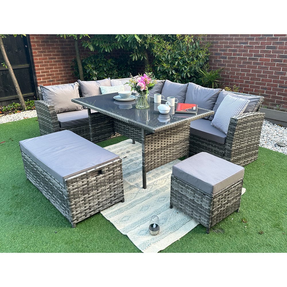 Rosen 9 Seater Rattan Garden Dining Set With Storage Bench In Grey