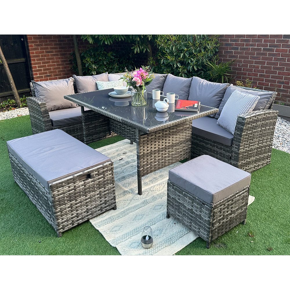 Rosen 9 Seater Rattan Garden Dining Set With Storage Bench In Grey