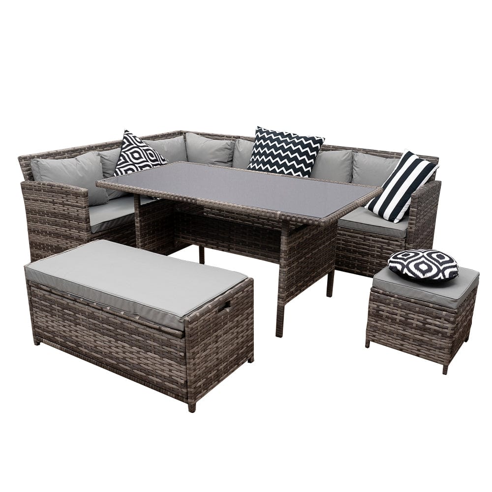 Rosen 9 Seater Rattan Garden Dining Set With Storage Bench In Grey