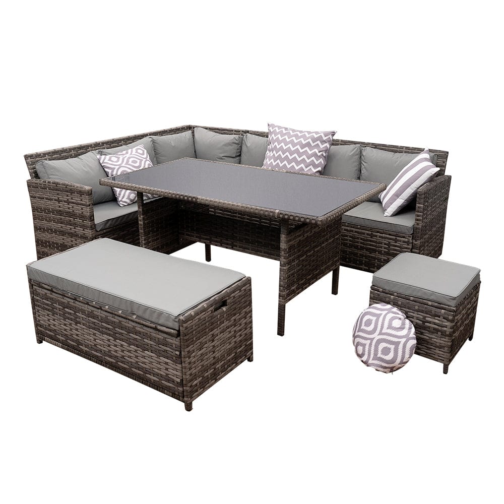 Rosen 9 Seater Rattan Garden Dining Set With Storage Bench In Grey