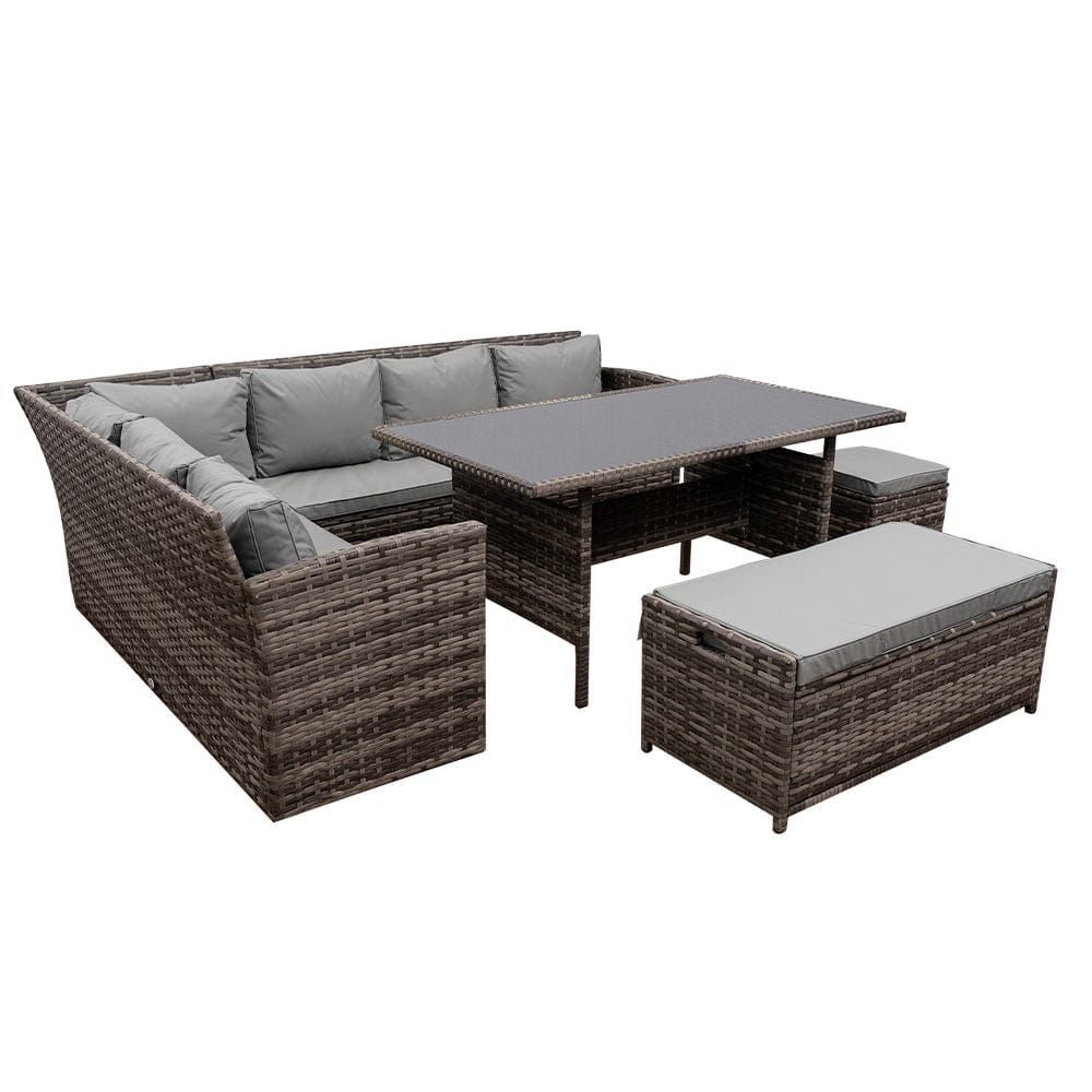 Rosen 9 Seater Rattan Garden Dining Set With Storage Bench In Grey