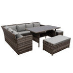 Rosen 9 Seater Rattan Garden Dining Set With Storage Bench In Grey
