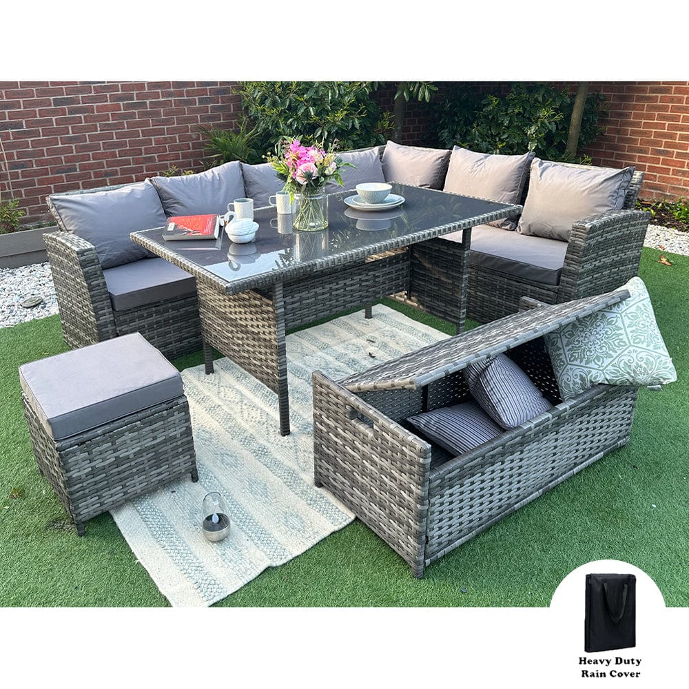 Rosen 9 Seater Rattan Garden Dining Set With Storage Bench In Grey