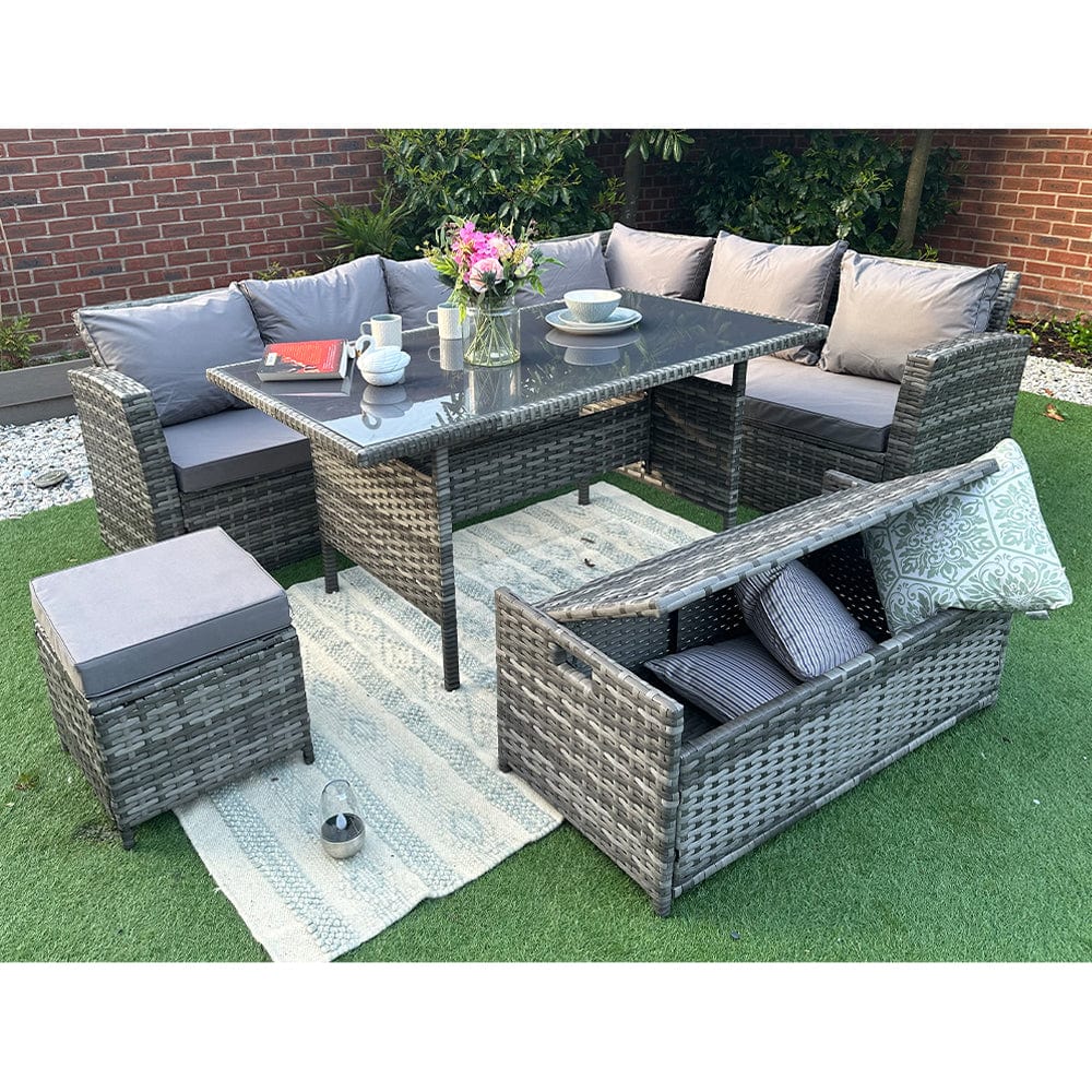 Rosen 9 Seater Rattan Garden Dining Set With Storage Bench In Grey