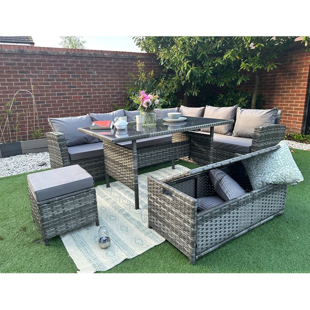 Rosen 9 Seater Rattan Garden Dining Set With Storage Bench In Grey