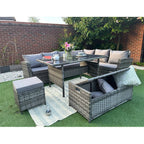 Rosen 9 Seater Rattan Garden Dining Set With Storage Bench In Grey