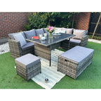 Rosen 9 Seater Rattan Garden Dining Set With Storage Bench In Grey