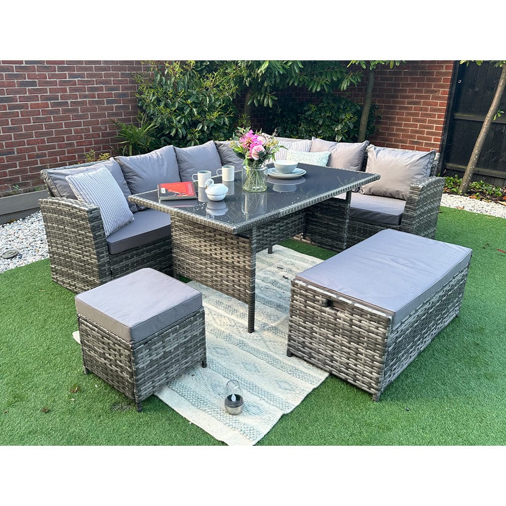 Rosen 9 Seater Rattan Garden Dining Set With Storage Bench In Grey
