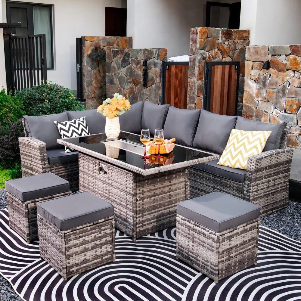 Rosen 9 Seater Fire Pit Rattan Garden Furniture Corner Dining Sofa Set
