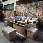 Rosen 9 Seater Rattan Garden Furniture Corner Sofa Set with Fire pit Dining Table