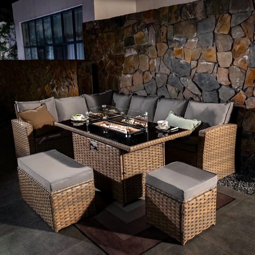 Rosen 9 Seater Rattan Garden Furniture Corner Sofa Set with Fire pit Dining Table