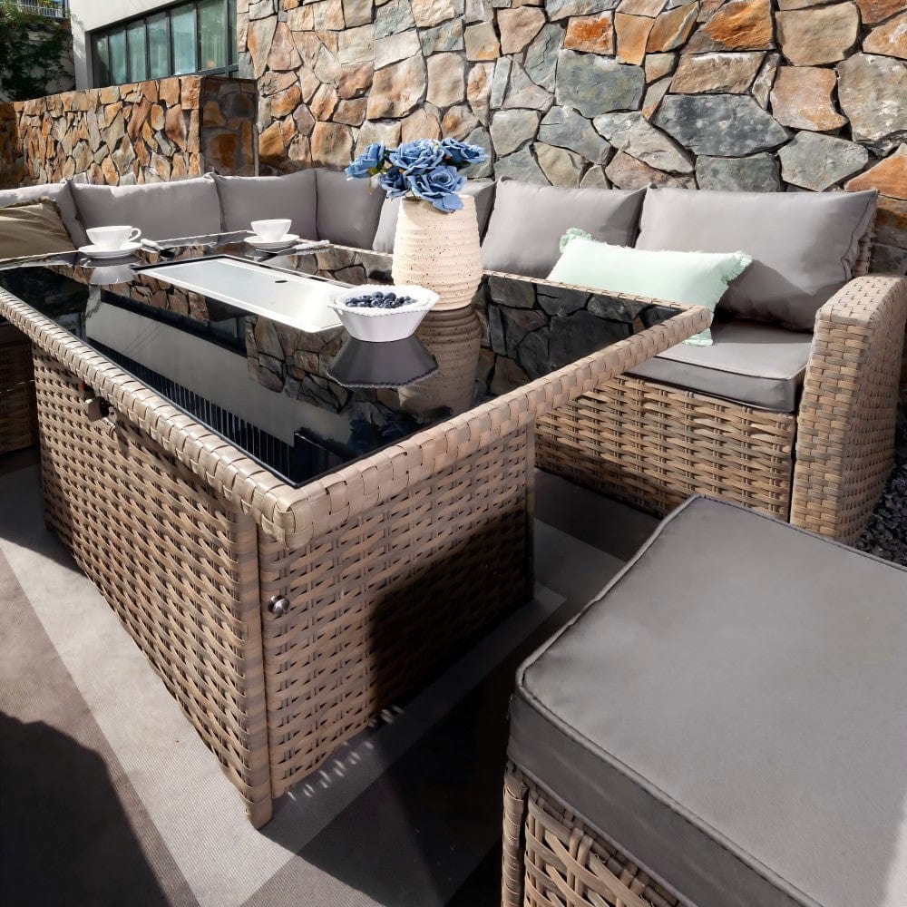 Rosen 9 Seater Rattan Garden Furniture Corner Sofa Set with Fire pit Dining Table