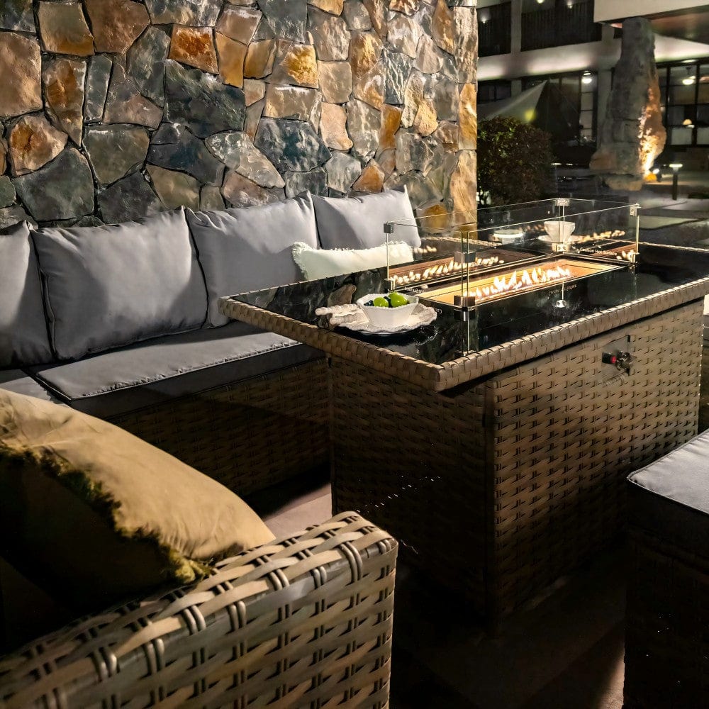 Rosen 9 Seater Rattan Garden Furniture Corner Sofa Set with Fire pit Dining Table