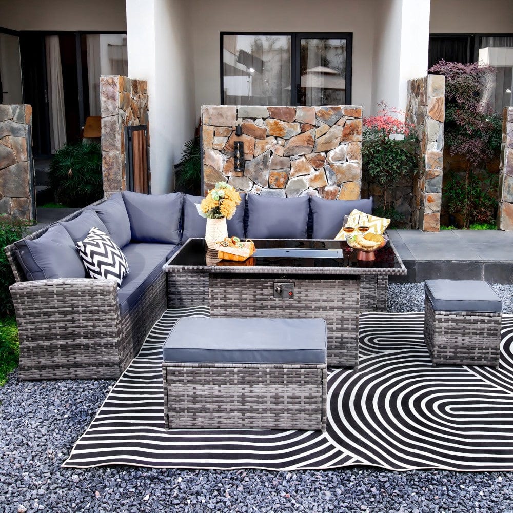 Rosen 9 Seater Rattan Garden Furniture Corner Sofa Set with Fire pit Dining Table