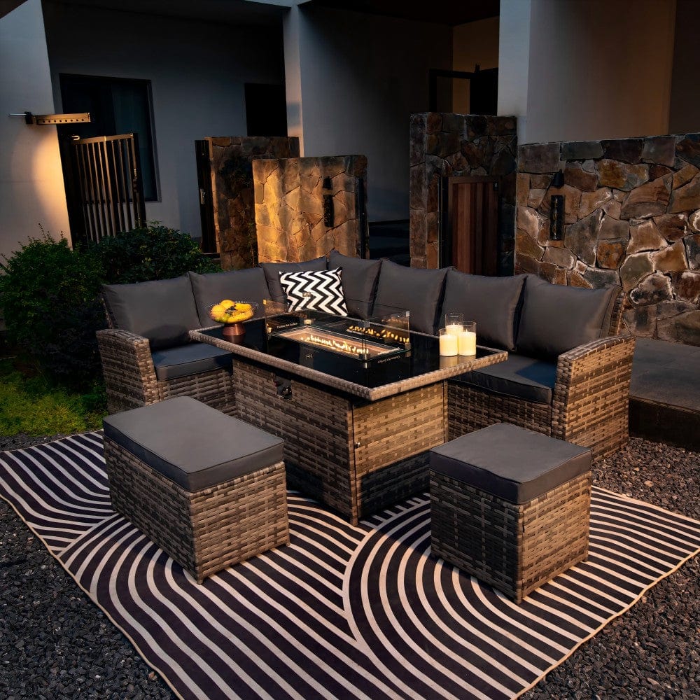 Rosen 9 Seater Rattan Garden Furniture Corner Sofa Set with Fire pit Dining Table