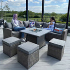 Rosen Rattan Garden Furniture 9 Seater Corner Sofa Set with Fire pit Dining Table in Mixed Nature And Grey