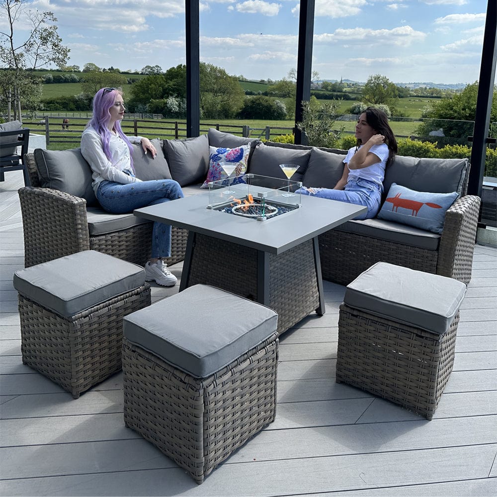 Rosen Rattan Garden Furniture 9 Seater Corner Sofa Set with Fire pit Dining Table in Mixed Nature And Grey