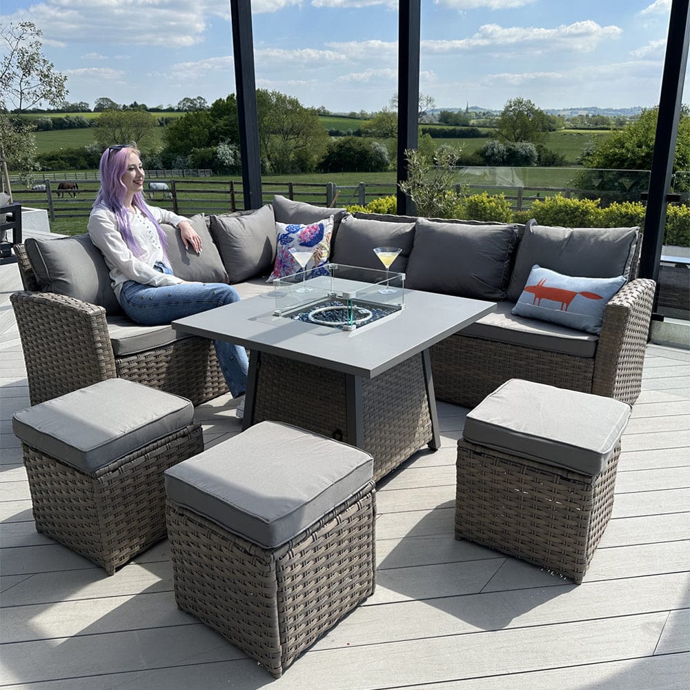 Rosen Rattan Garden Furniture 9 Seater Corner Sofa Set with Fire pit Dining Table in Mixed Nature And Grey