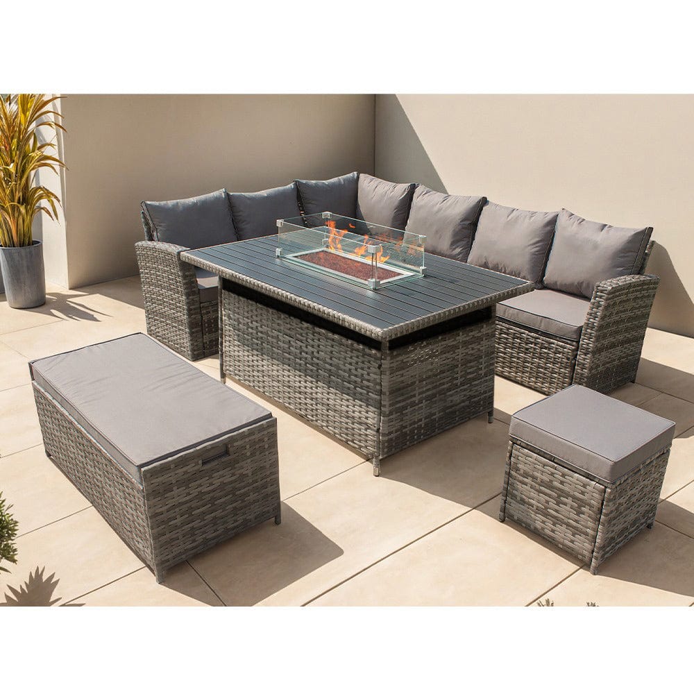 Rosen 9 Seater Rattan Garden Furniture Corner Sofa Set With Aluminum Fire Pit Dining Table And Storage Box