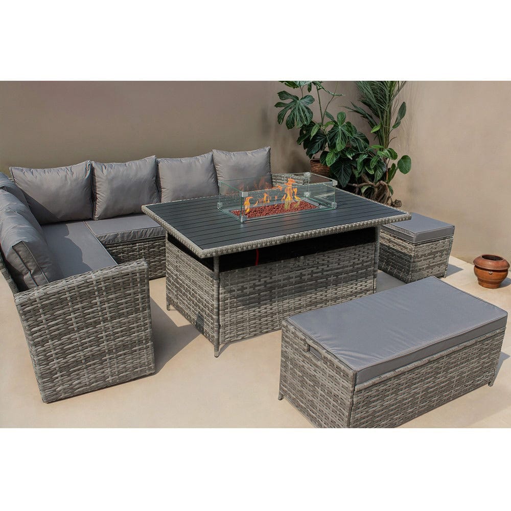 Rosen 9 Seater Rattan Garden Furniture Corner Sofa Set With Aluminum Fire Pit Dining Table And Storage Box
