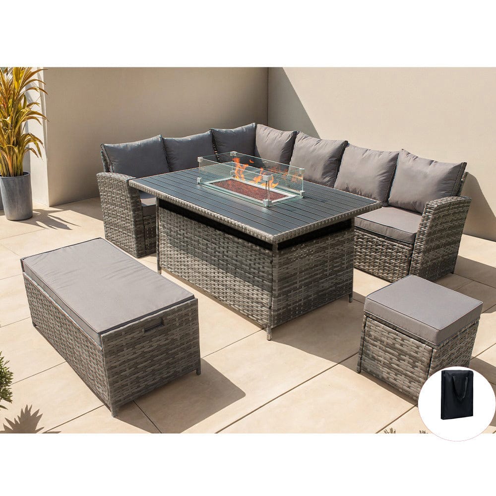 Rosen 9 Seater Rattan Garden Furniture Corner Sofa Set With Aluminum Fire Pit Dining Table And Storage Box