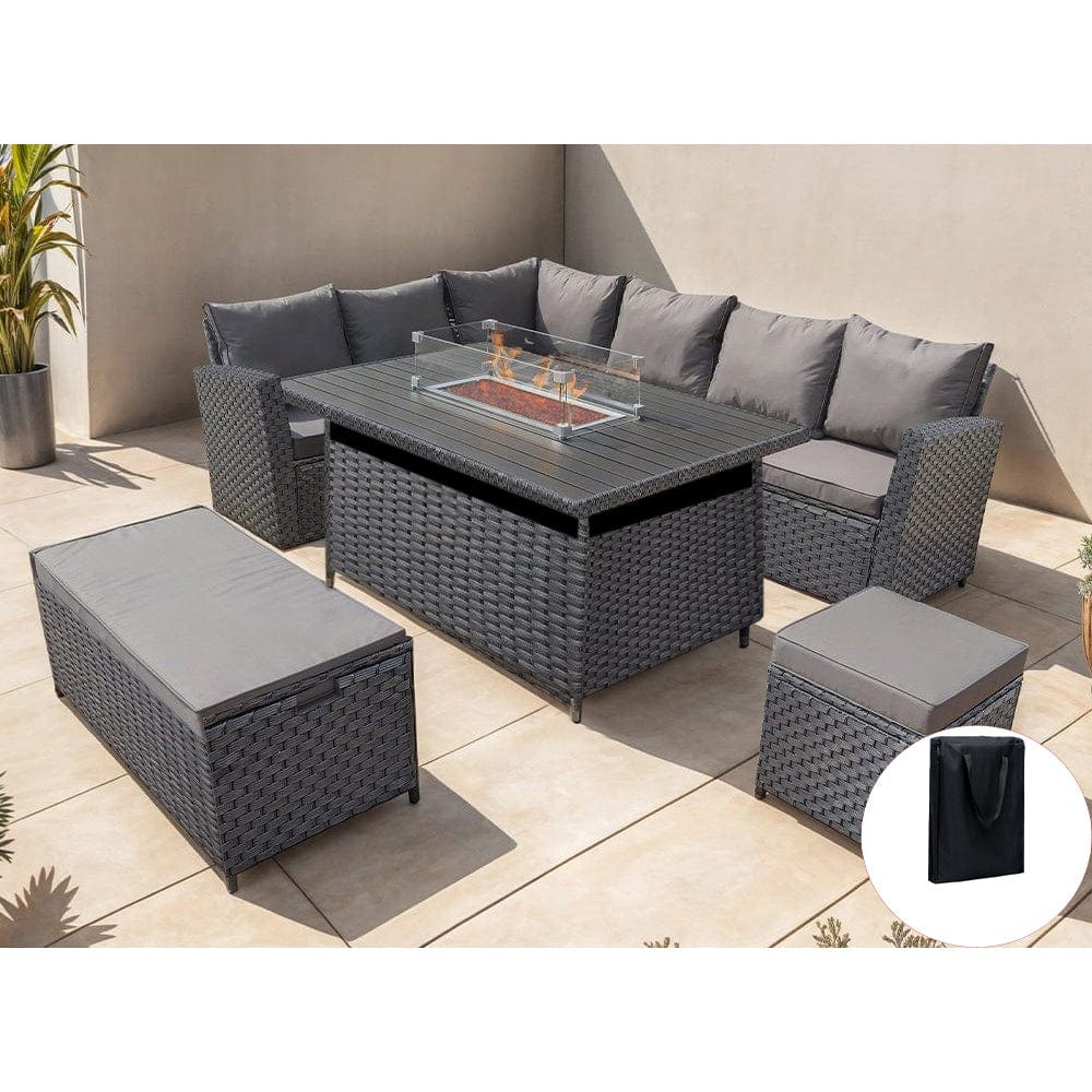 Rosen 9 Seater Rattan Garden Furniture Corner Sofa Set With Aluminum Fire Pit Dining Table And Storage Box